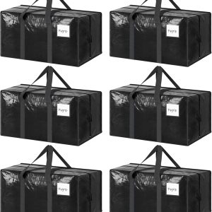 6 Pack Extra Heavy Duty Large Moving Bags with Strong Zipper & Comfortable Handles, Sturdy & Durable Clothes Storage Bags Totes Bins, Packing Moving Boxes for College Supplies, Black